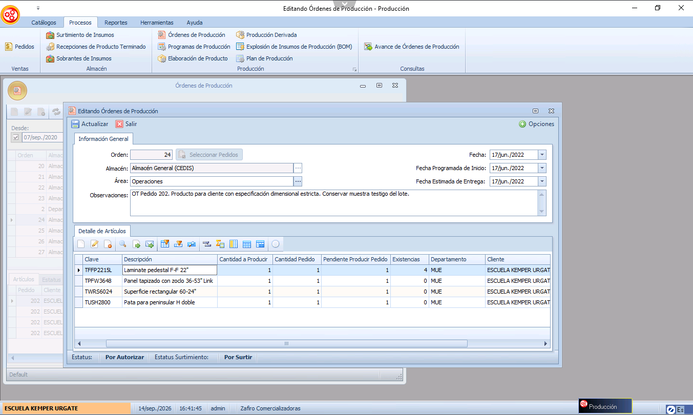 Órdenes de Producción de Zafirosoft ERP para manufactura